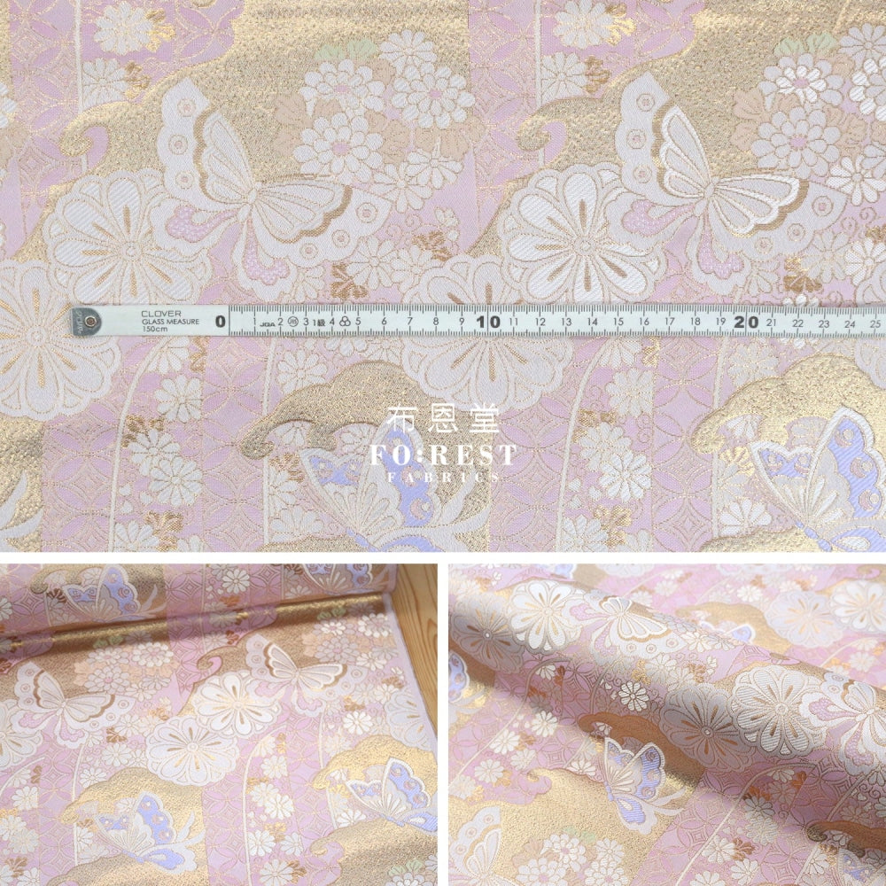 Gold Brocade - Butterfly Fabric Light Pink Polyester