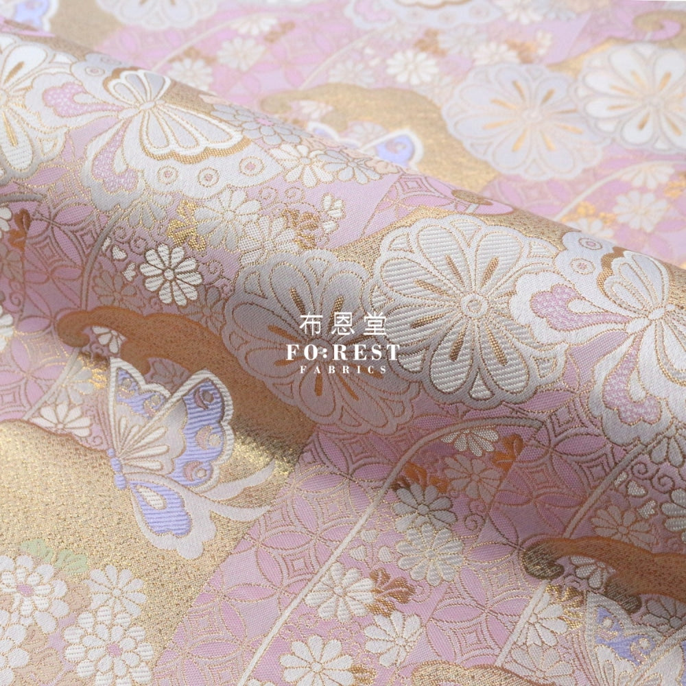 Gold Brocade - Butterfly Fabric Light Pink Polyester