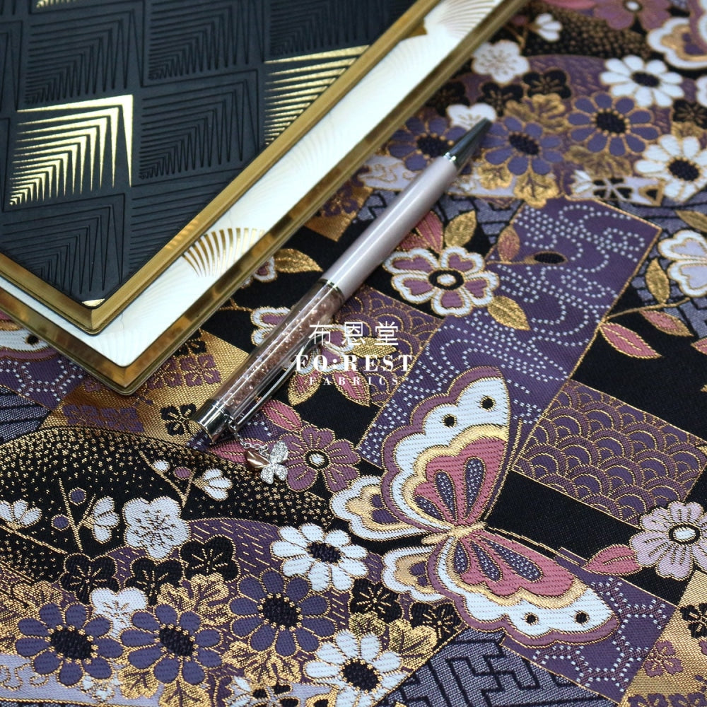 Gold Brocade - Butterfly Fabric Purple Polyester