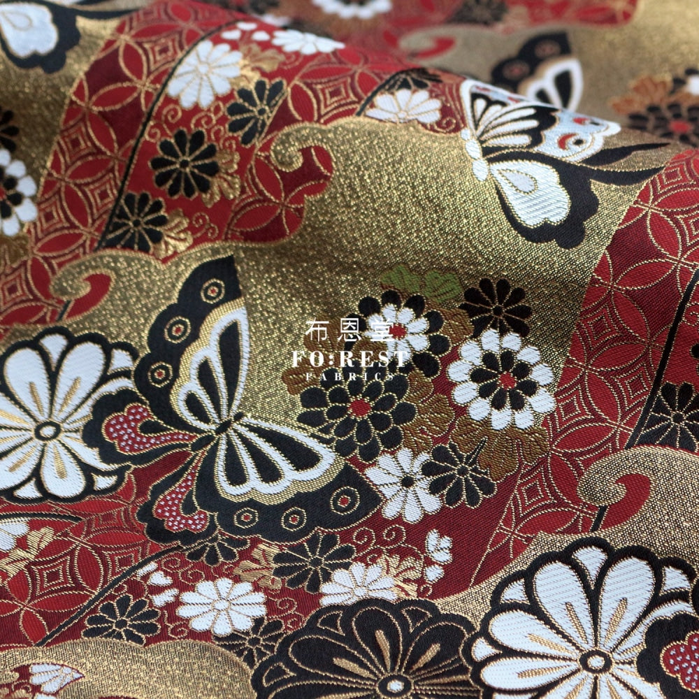 Gold Brocade - Butterfly Fabric Red Polyester