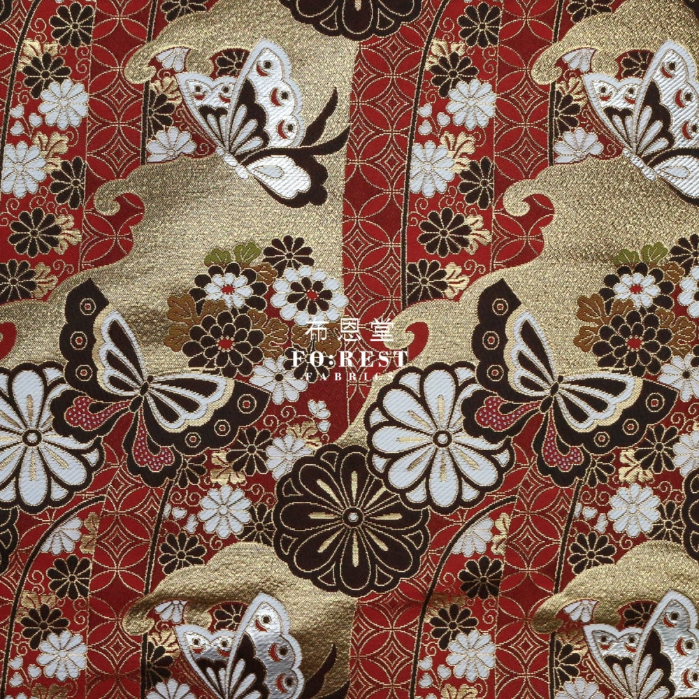 Gold Brocade - Butterfly Fabric Red Polyester