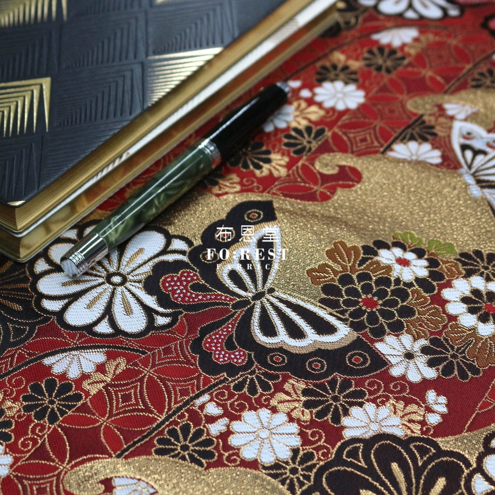 Gold Brocade - Butterfly Fabric Red Polyester