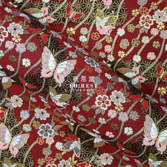 Gold Brocade - Butterfly River Fabric Red Polyester