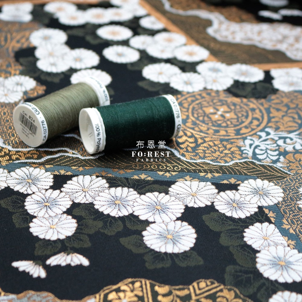 Gold Brocade - Chrysanthemum Fabric Black Polyester