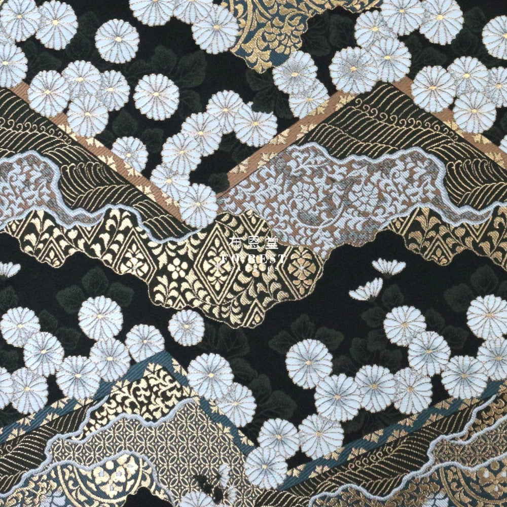 Gold Brocade - Chrysanthemum Fabric Black Polyester