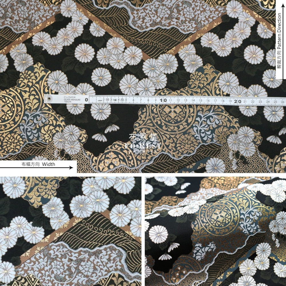 Gold Brocade - Chrysanthemum Fabric Black Polyester