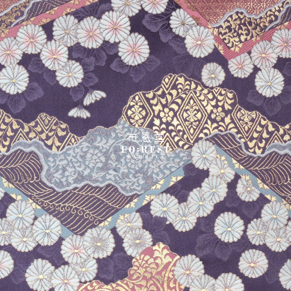 Gold Brocade - Chrysanthemum Fabric Purple Polyester