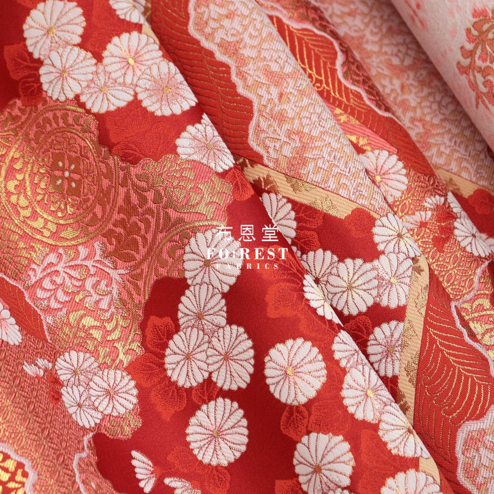 Gold Brocade - Chrysanthemum Fabric Red Polyester