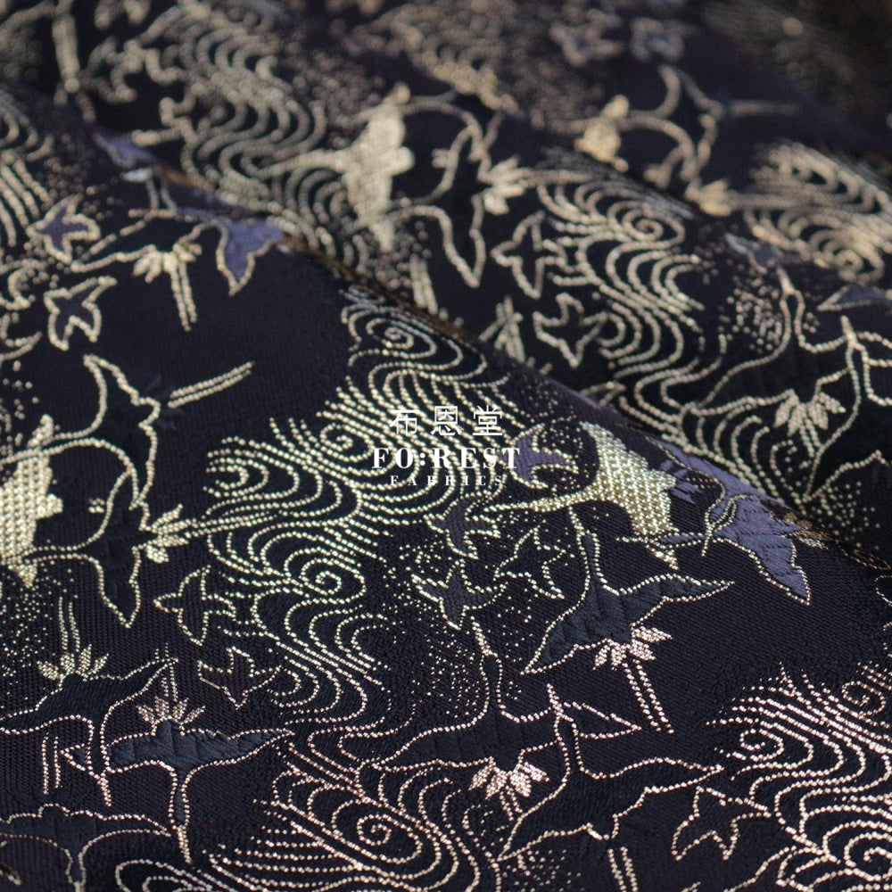 Gold Brocade - Cloud Crane Fabric Black Polyester
