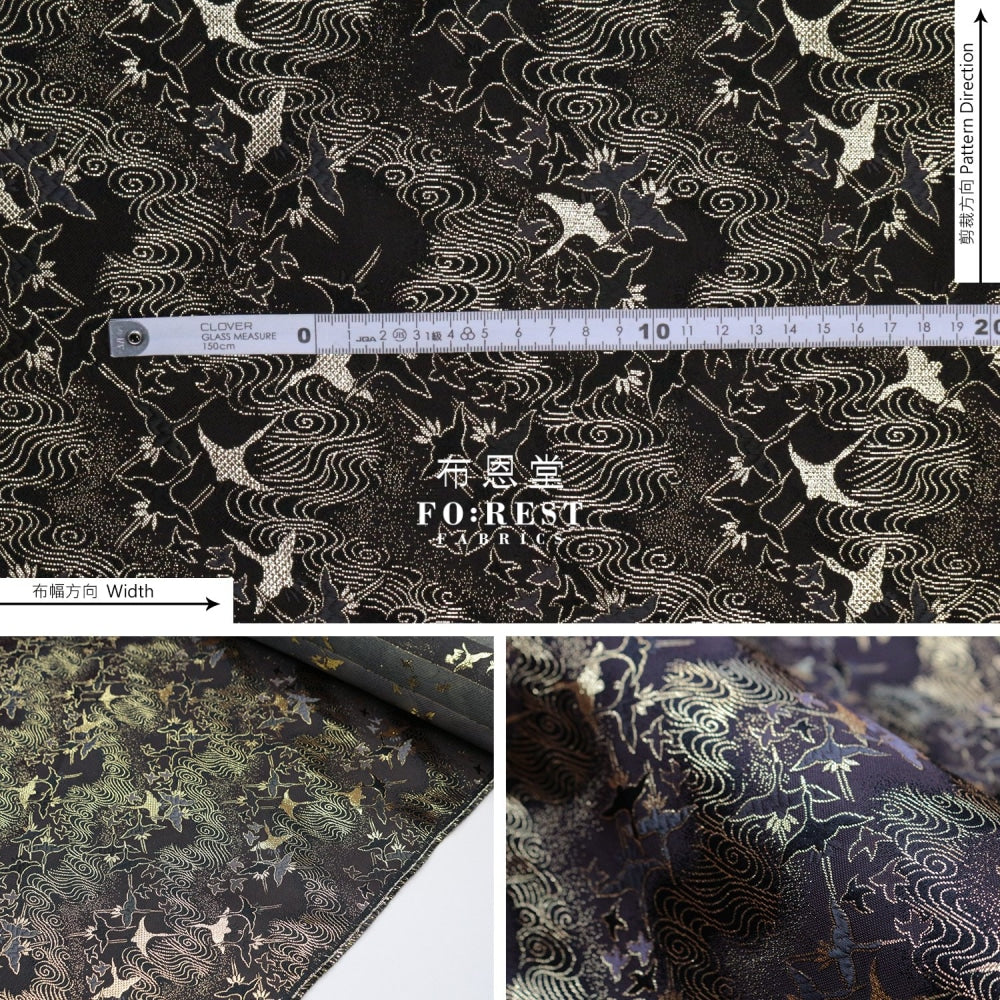 Gold Brocade - Cloud Crane Fabric Black Polyester