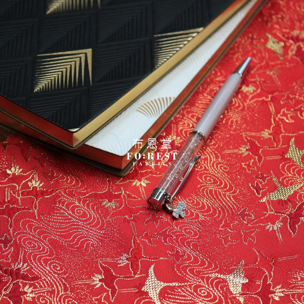 Gold Brocade - Cloud Crane Fabric Red Polyester