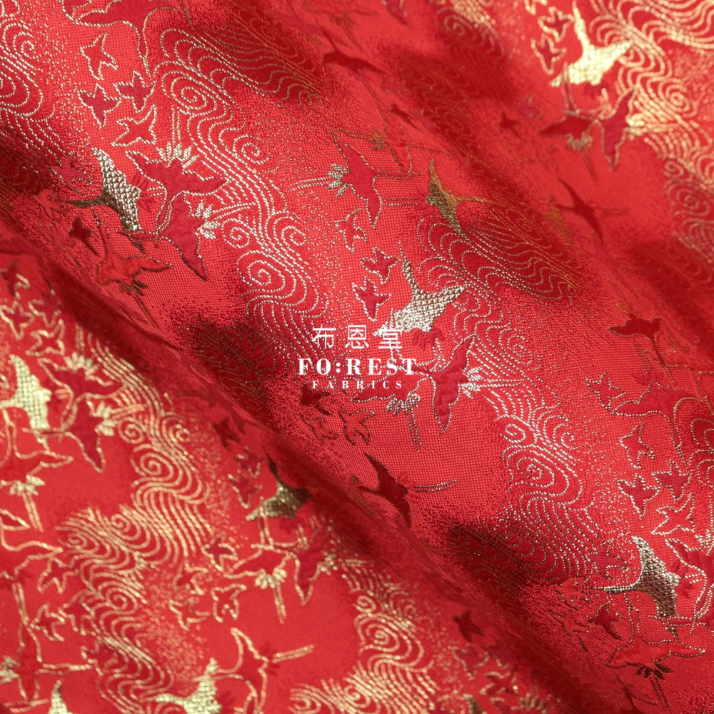 Gold Brocade - Cloud Crane Fabric Red Polyester