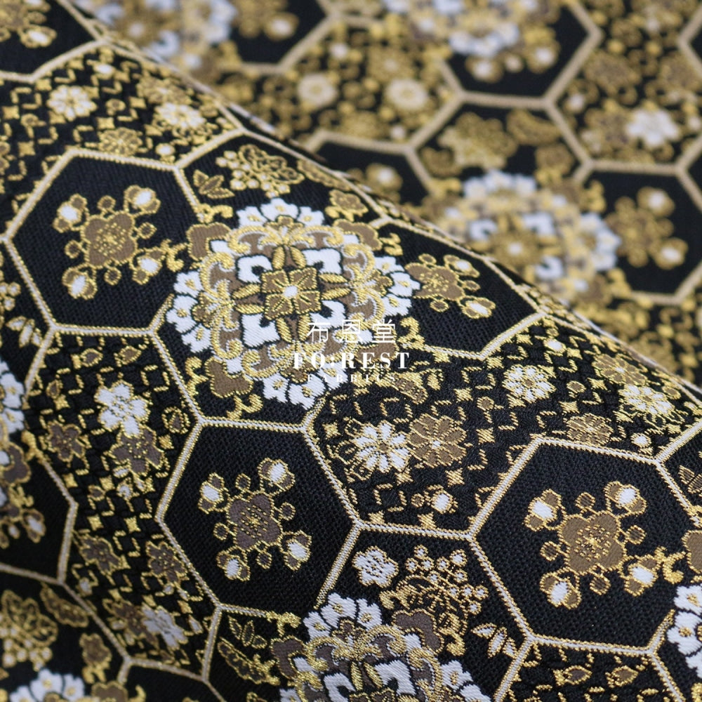 Gold Brocade - Crown Flower Fabric Black Polyester