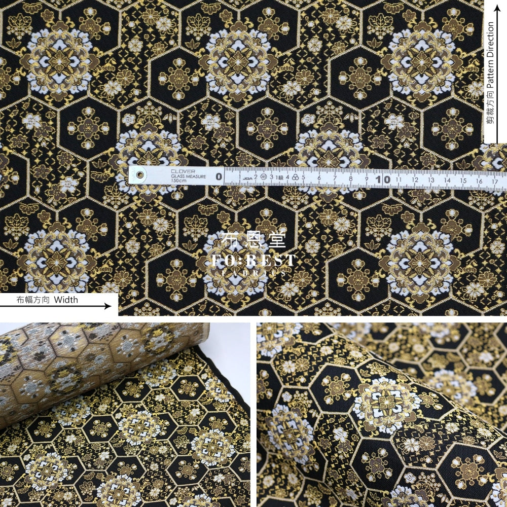 Gold Brocade - Crown Flower Fabric Black Polyester