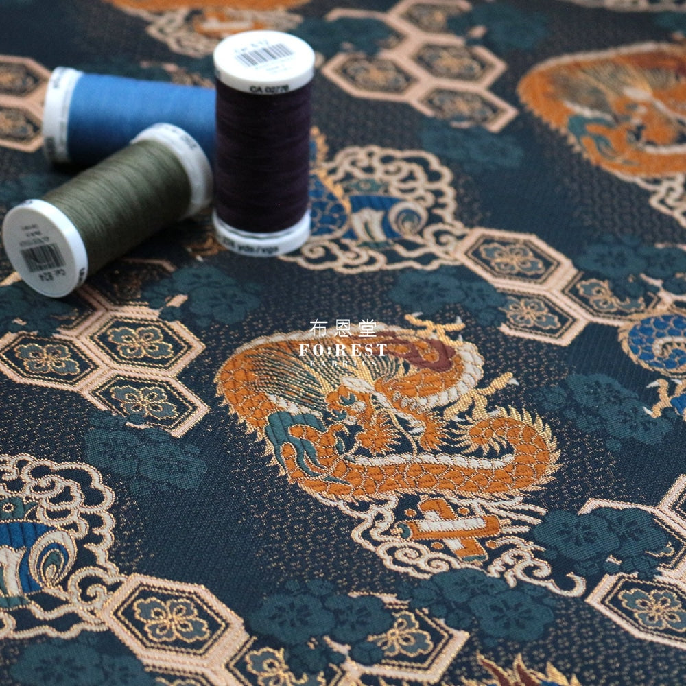 Gold Brocade - Dragon Fabric Navy Polyester