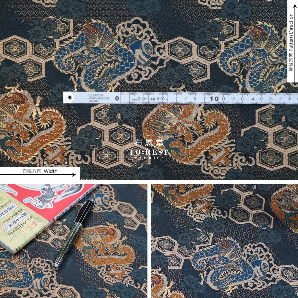 Gold Brocade - Dragon Fabric Navy Polyester