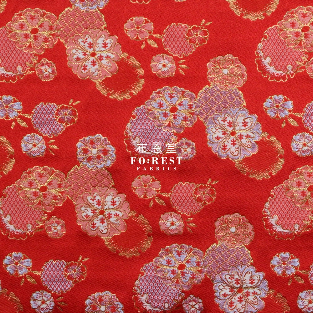 Gold Brocade - Flower Snow Fabric Red Polyester