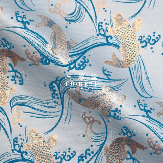 Gold Brocade - Koi Fabric L.blue Polyester