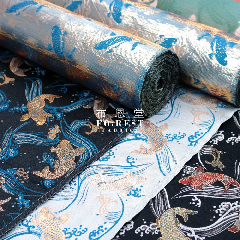 Gold Brocade - Koi Fabric L.blue Polyester