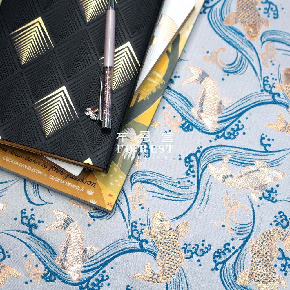 Gold Brocade - Koi Fabric L.blue Polyester