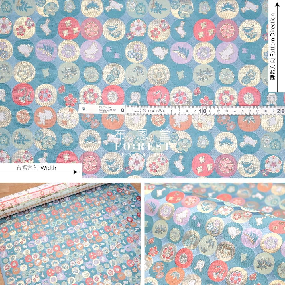 Gold Brocade - Moonrabbit Fabric Lightblue Polyester
