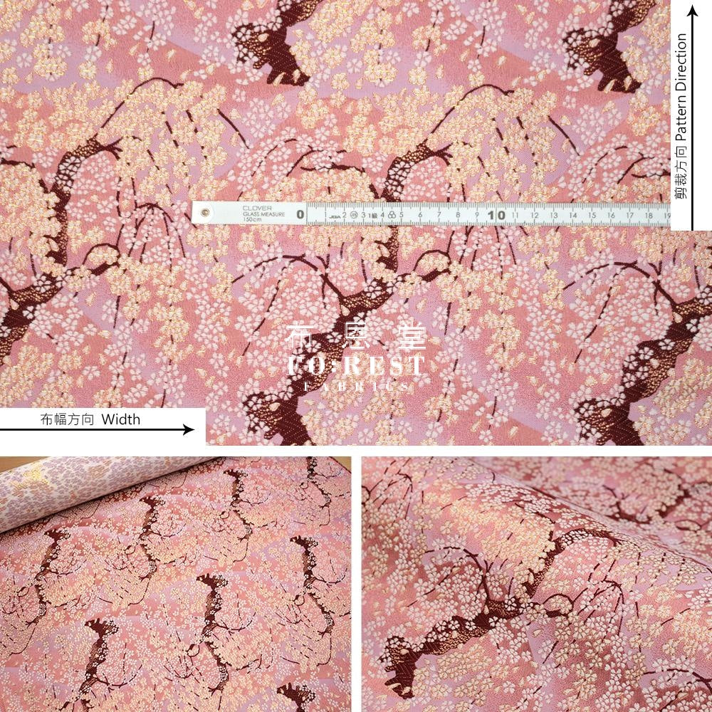 Gold Brocade -Mount Fuji Sakura Fabric Darkpink Polyester