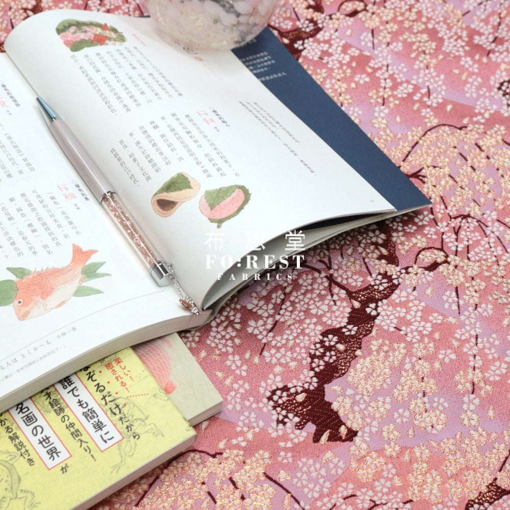 Gold Brocade -Mount Fuji Sakura Fabric Darkpink Polyester