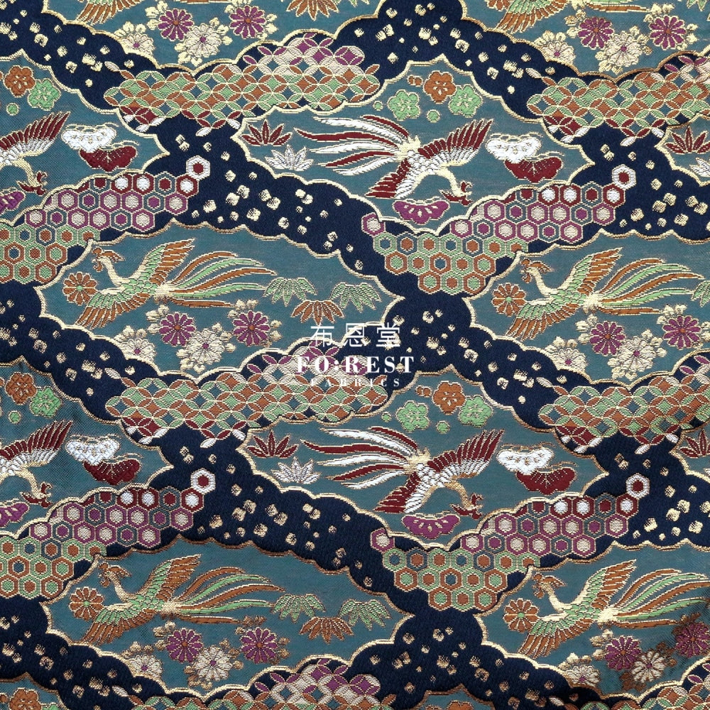 Gold Brocade - Phoenix Fabric Navy Polyester