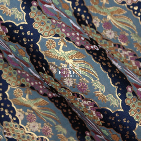 Gold Brocade - Phoenix Fabric Navy Polyester