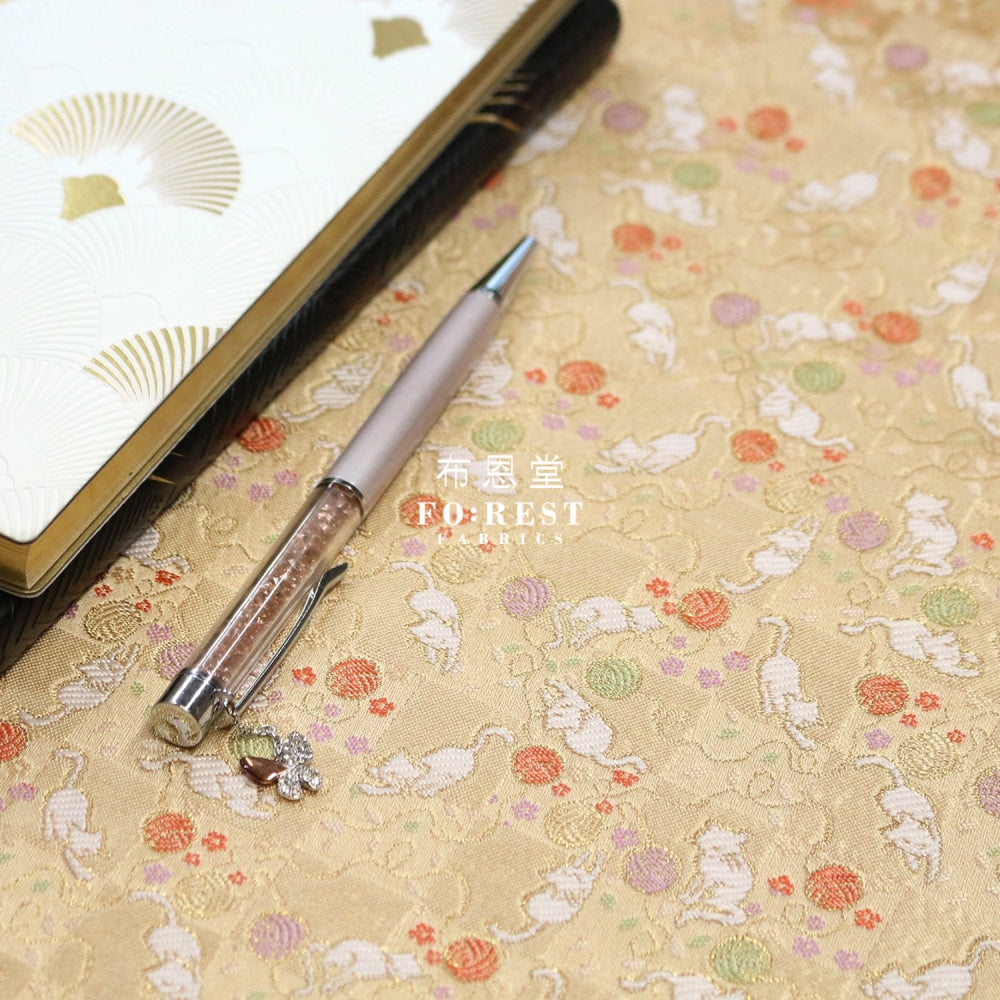 Gold Brocade - Playing Cats Fabric Glod Polyester