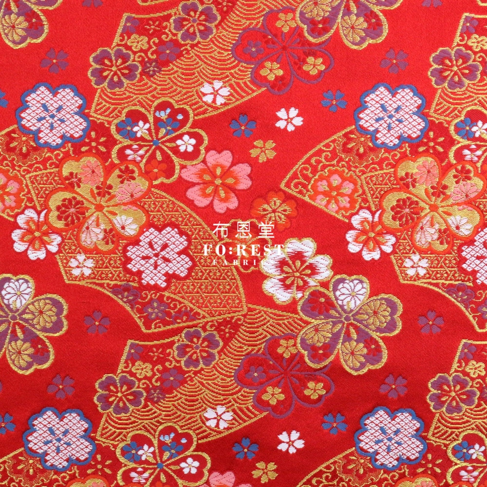 Gold Brocade - Sakura Fan Fabric Red Polyester