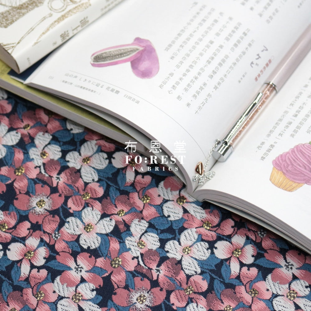 Gold Brocade - Sakura Fabric Navy Polyester