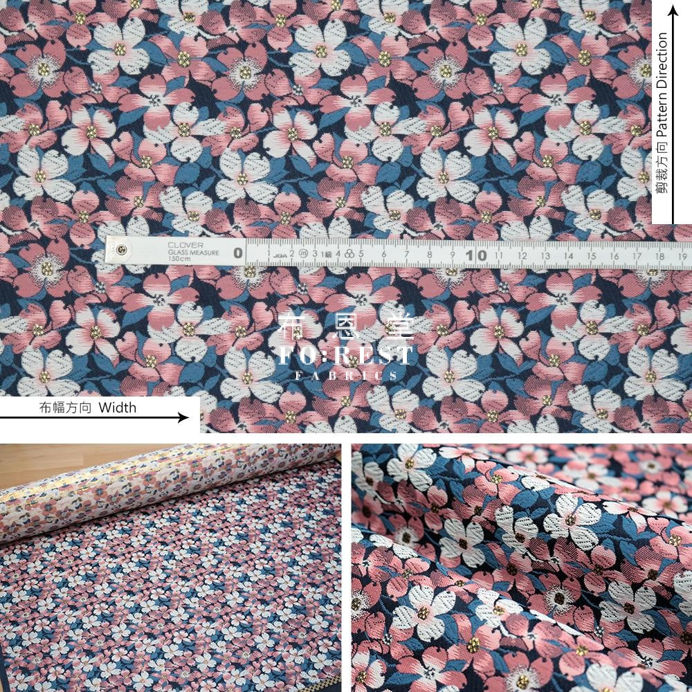 Gold Brocade - Sakura Fabric Navy Polyester