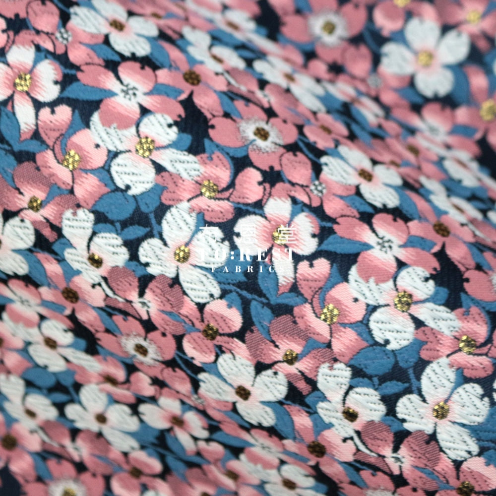 Gold Brocade - Sakura Fabric Navy Polyester