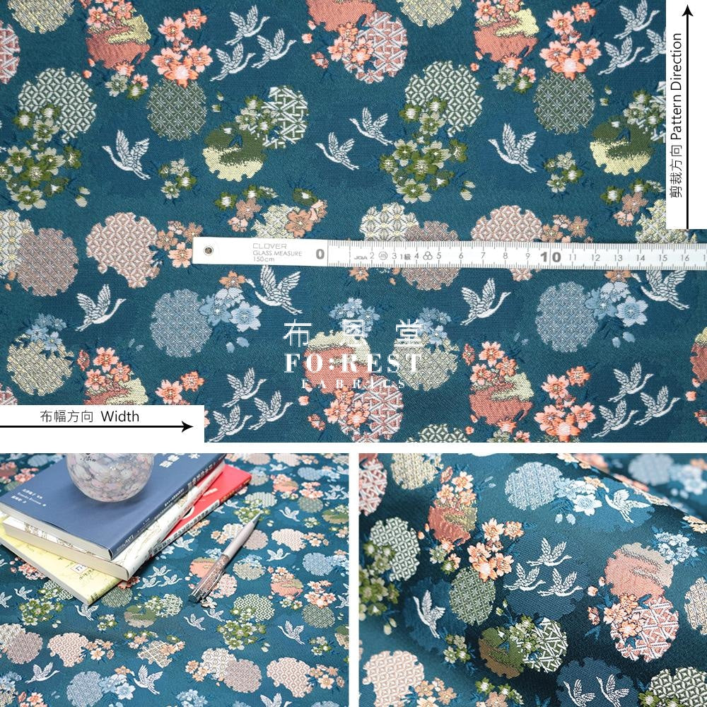 Gold Brocade - Snow Crane Fabric Blue Polyester