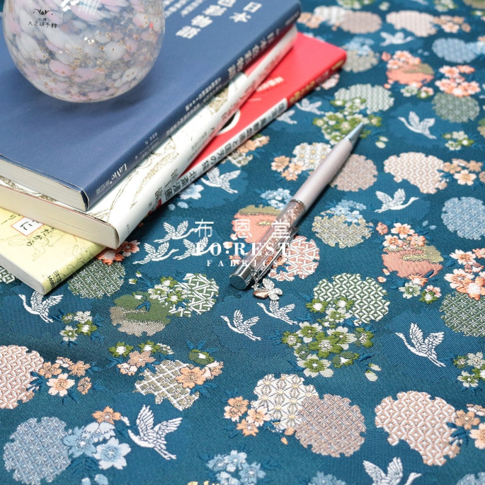 Gold Brocade - Snow Crane Fabric Blue Polyester