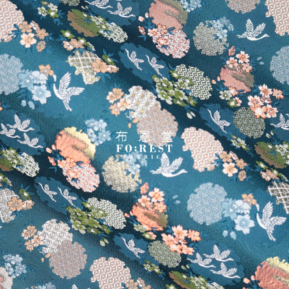 Gold Brocade - Snow Crane Fabric Blue Polyester
