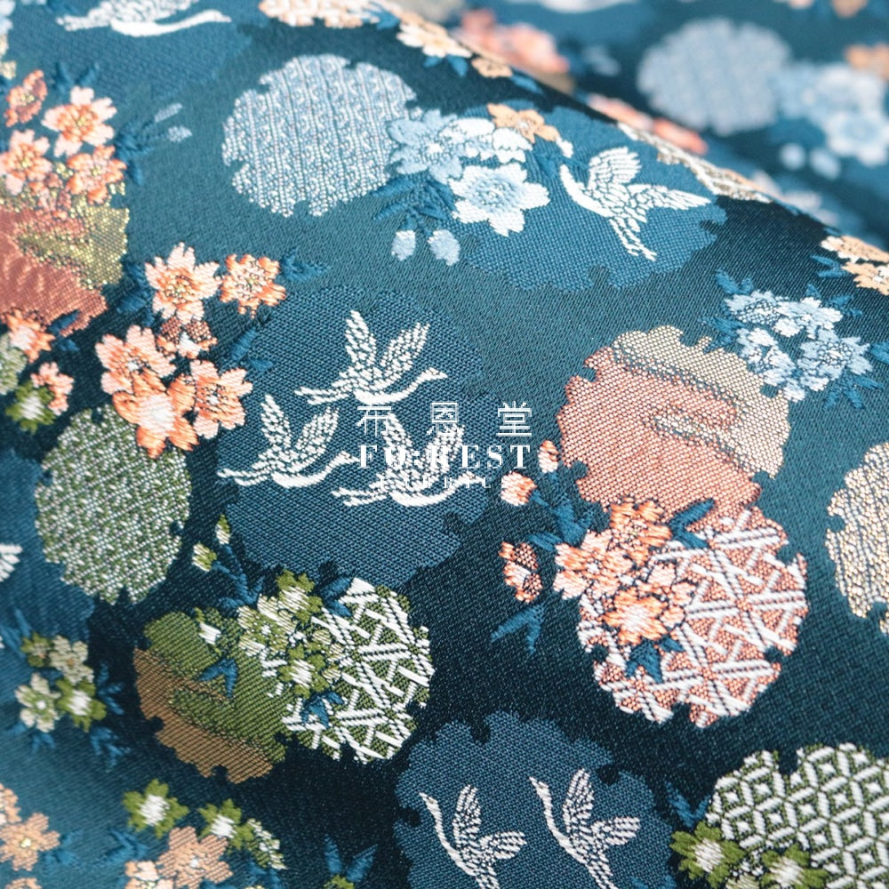 Gold Brocade - Snow Crane Fabric Blue Polyester