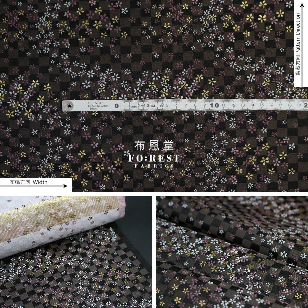 Gold Brocade - Tiny Flower Fabric Black Polyester