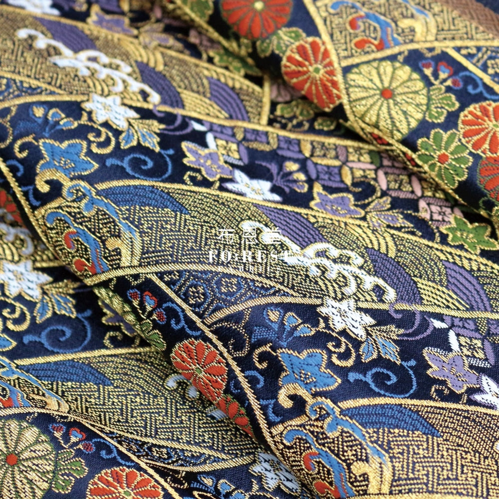 Gold Brocade - Wavecurve Flower Fabric Blue Polyester