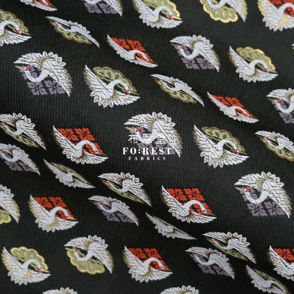 Gold Brocade - Japanese Crane Fabric Black Polyester