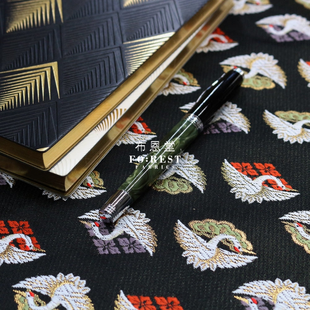 Gold Brocade - Japanese Crane Fabric Black Polyester