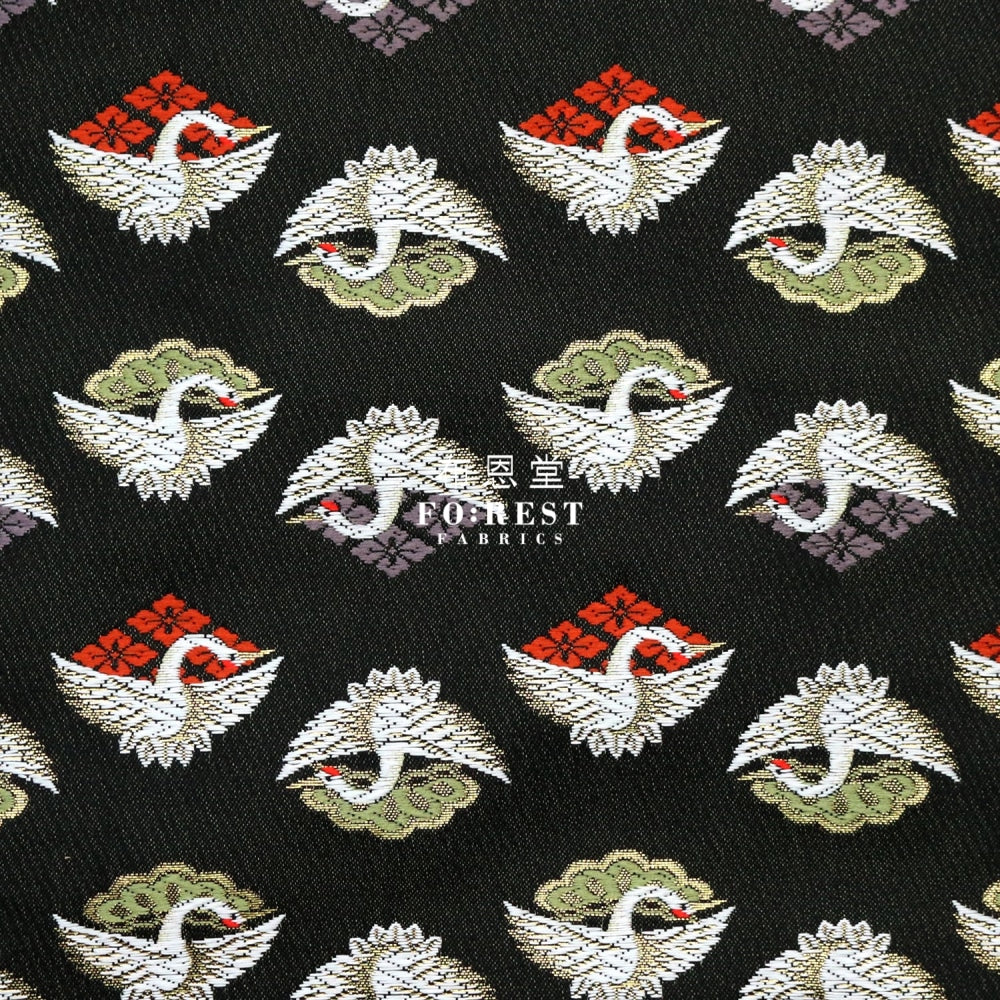 Gold Brocade - Japanese Crane Fabric Black Polyester