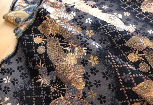 金らん "KINRAN" - Mindnight sakura 赤櫻黒扇 gold brocade fabric Black - forest-fabric