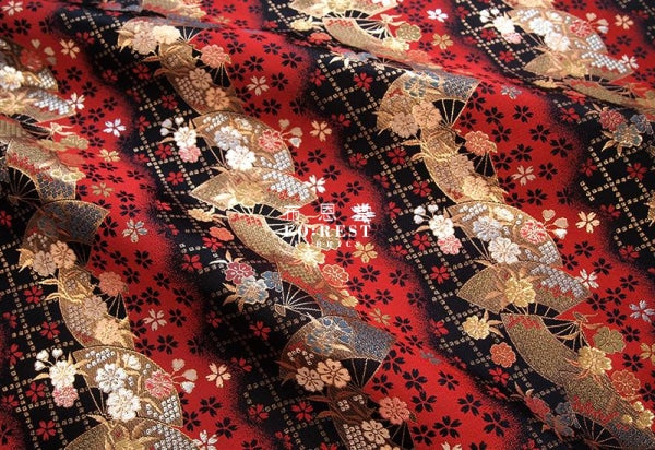 金らん "KINRAN" - Mindnight sakura赤櫻黒扇 gold brocade fabric Red - forest-fabric