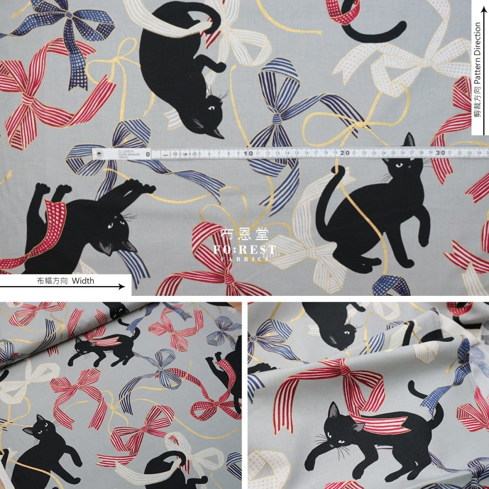 Quilt Gate - Cotton Neko Cats Ribbon Fabric Gray