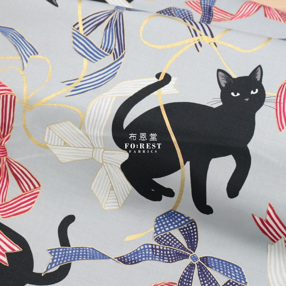 Quilt Gate - Cotton Neko Cats Ribbon Fabric Gray