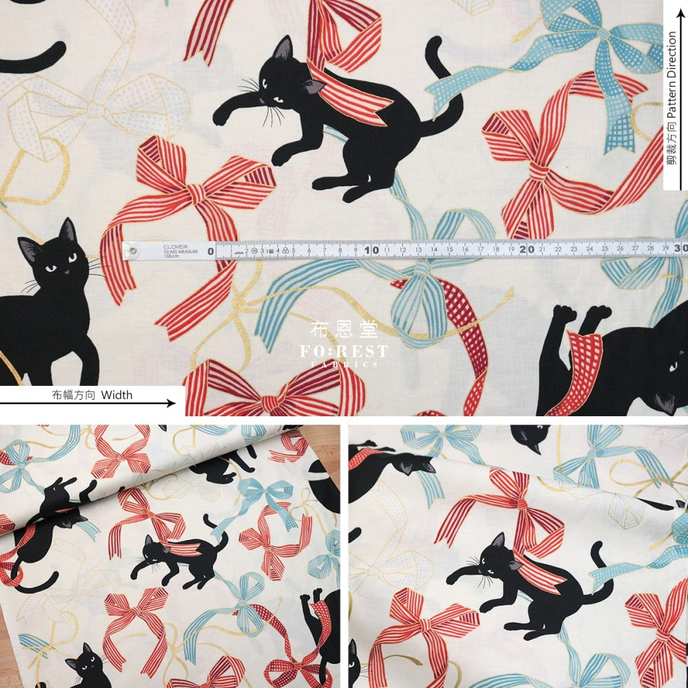 Quilt Gate - Cotton Neko Cats Ribbon Fabric Milky