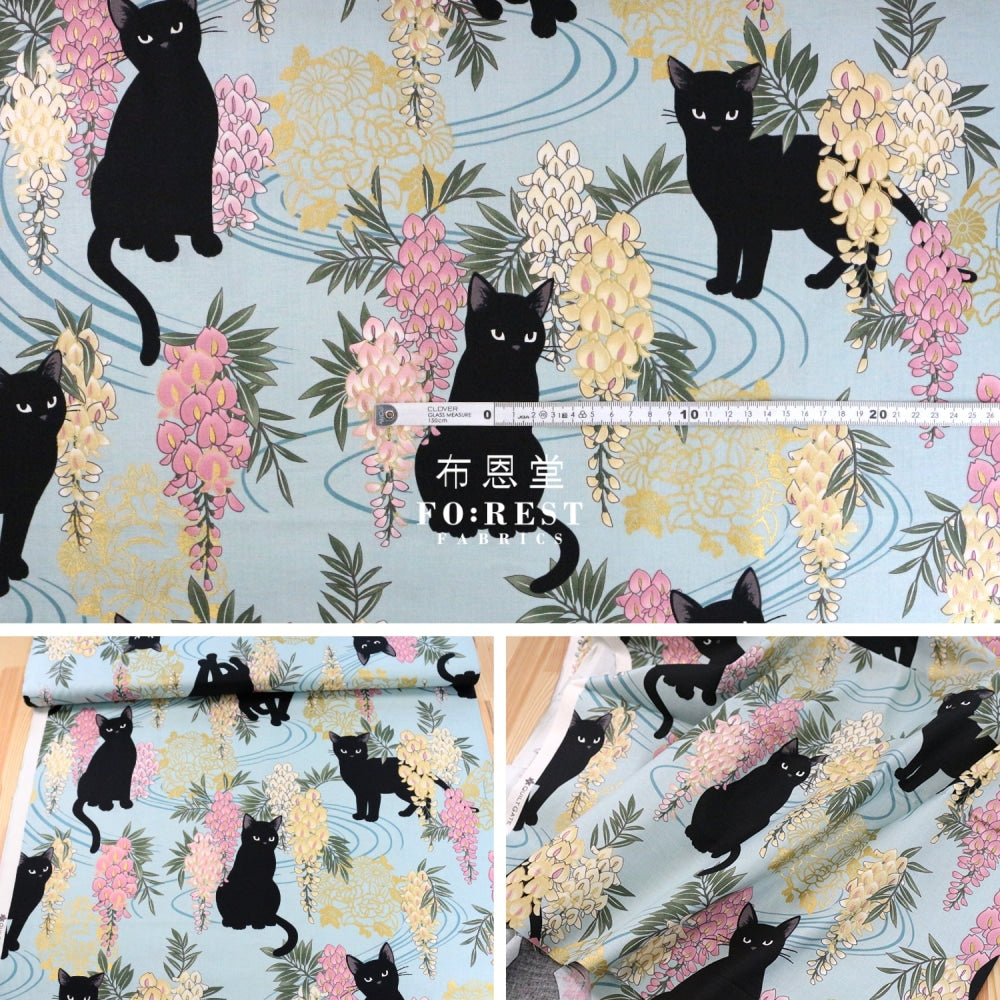 Quilt Gate - Cotton Wisteria Flower Cats Fabric Green