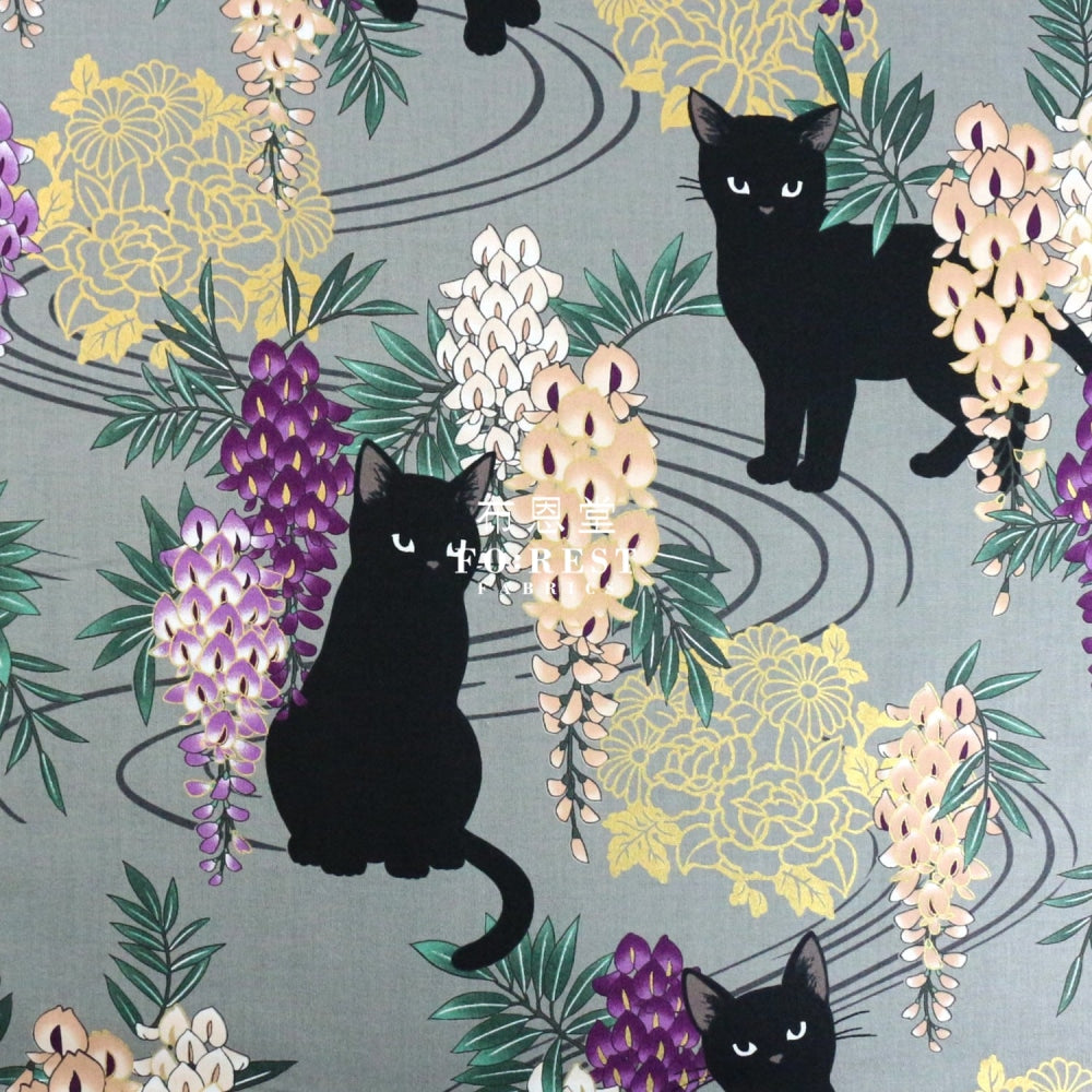 Quilt Gate - Cotton Wisteria Flower Cats Fabric Moss